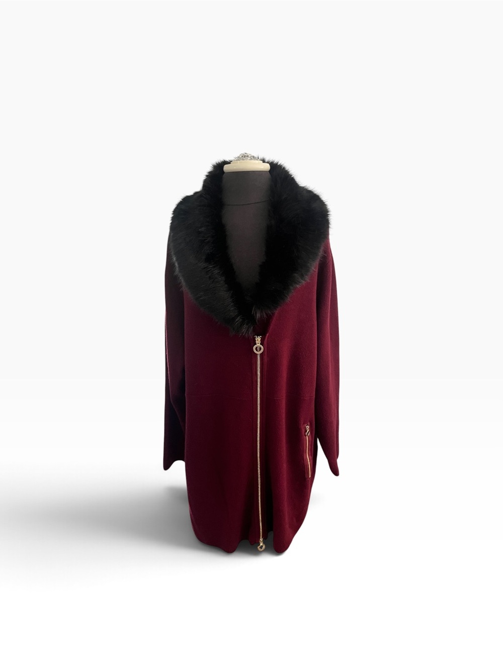 Belldini 3X Burgundy Zip Cardigan Removable Faux Fur Collar Pockets Cozy Long